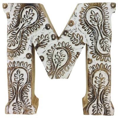 Lettera di fiori bianchi in legno intagliato a mano M