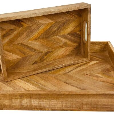 Rustikale quadratische Tabletts aus Holz mit Fischgrätenmuster, 2er-Set