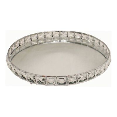 Large Mirrored Silver Tray With Bead Design, 31cm.