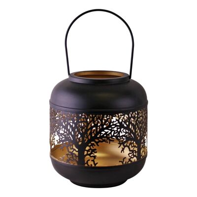 Linterna de vela negra con diseño de árbol de la vida grande