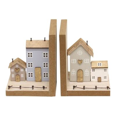Coppia di fermalibri, design di case in legno