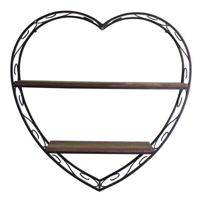 Estantería de madera y metal en forma de corazón con diseño de volutas