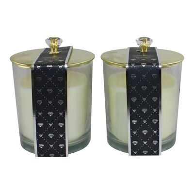Set di 2 vasetti per candele in vetro con coperchi in stile diamante, profumati
