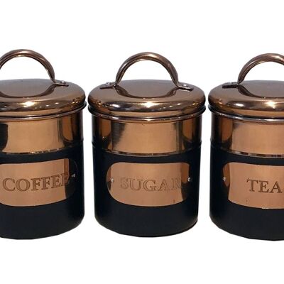 Ensemble de 3 boîtes à thé, sucre et café noires et cuivrées