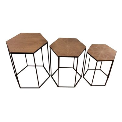 Set di 3 tavolini esagonali in metallo nero e legno