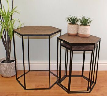 Set De 3 Guéridons Hexagonaux En Métal Noir Et Bois 3