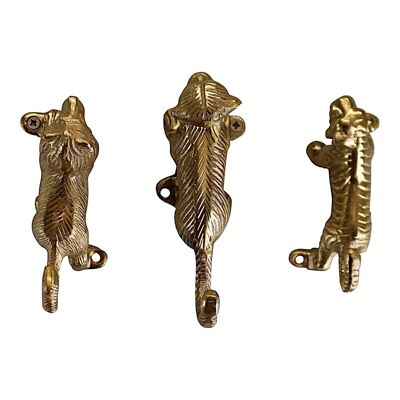 Set mit 3 goldfarbenen Safaritier-Kleiderhaken aus Metall