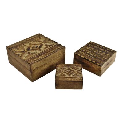 Set mit 3 handgeschnitzten quadratischen Kasbah-Holzkisten