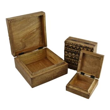 Ensemble de 3 boîtes carrées en bois de kasbah sculptées à la main 2