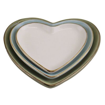 Set di 3 piatti in ceramica a forma di cuore con bordo dorato