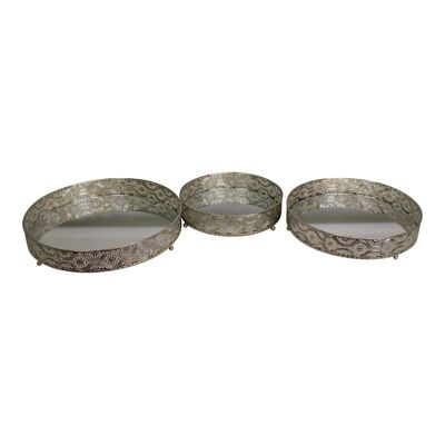 Set di 3 piatti portacandele in metallo argentato e specchiati