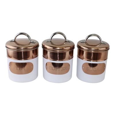 Set of 3 Tea,Coffee & Sugar Canisters, Copper & White Metal Design