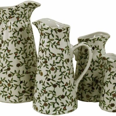 Set of 4 Ceramic Jugs, Vintage Green & White Floral Design