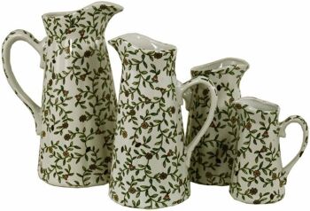 Ensemble de 4 pichets en céramique, motif floral vert et blanc vintage 1