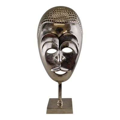 Escultura de máscara tribal de metal plateado