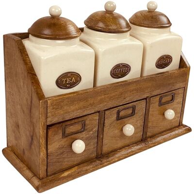 Three Ceramic Jars With Wooden Drawers