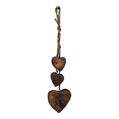 Drei hängende Herz-Dekoration aus Holz, dunkles Holz