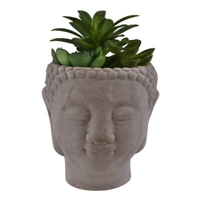 Trio di piante grasse finte in vaso di cemento con testa di Buddha
