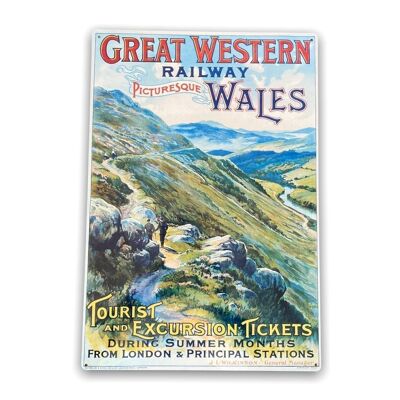 Letrero de metal vintage - Publicidad retro de los ferrocarriles británicos, Great Western Wales