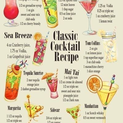 Plaque en Métal Vintage - Recettes de Cocktails Classiques
