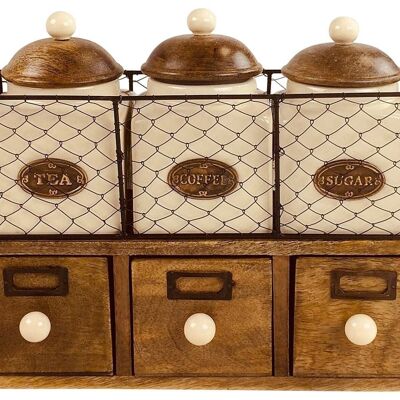 Wooden Cabinet With 3 Jars & Drawers