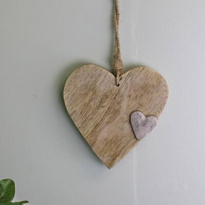 Wooden Hanging Heart Ornament with Silver Heart