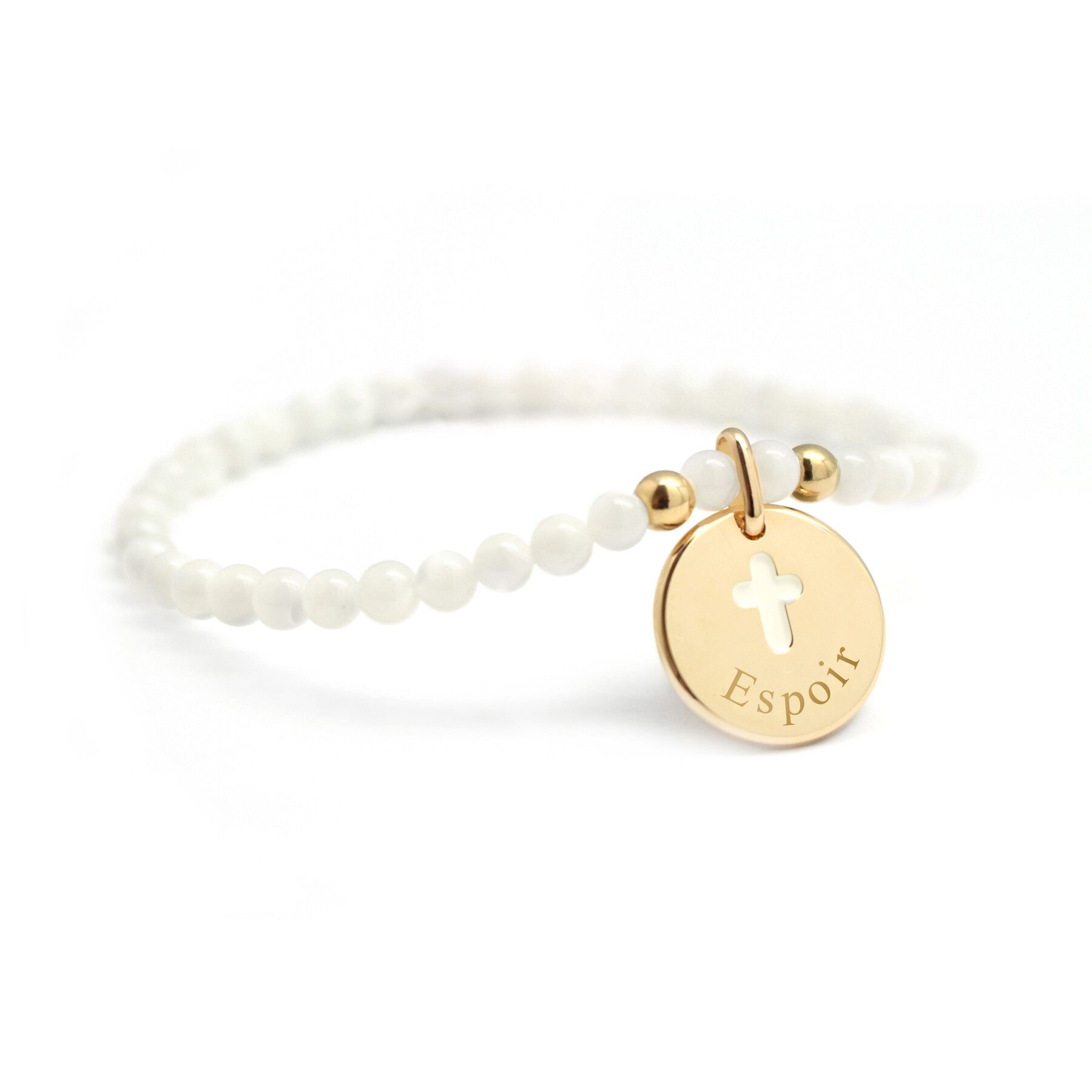 Bracciale da donna con perla madreperla bianca e medaglione a croce placcato oro - Incisione ESPOIR