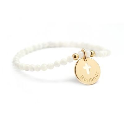 Women's white mother-of-pearl pearl and gold-plated cross medallion bracelet - BONHEUR engraving