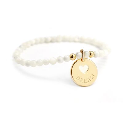 Pulsera mujer medallón corazón perla nácar blanco y baño oro - grabado DREAM