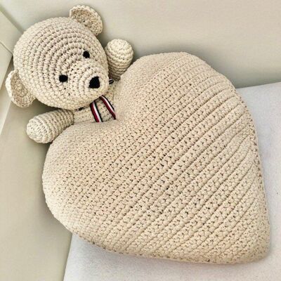 sustainable cushion in heart shape of cotton - off-white - hand crocheted in Nepal -