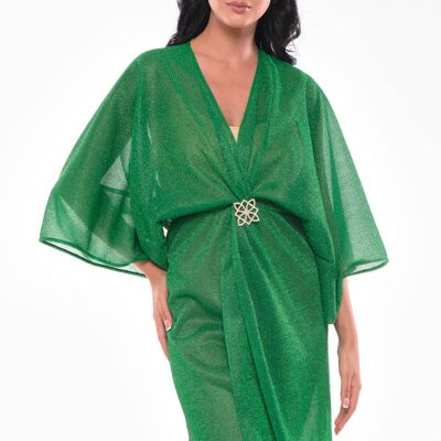 Green glitter caftan with rhinestone brooch