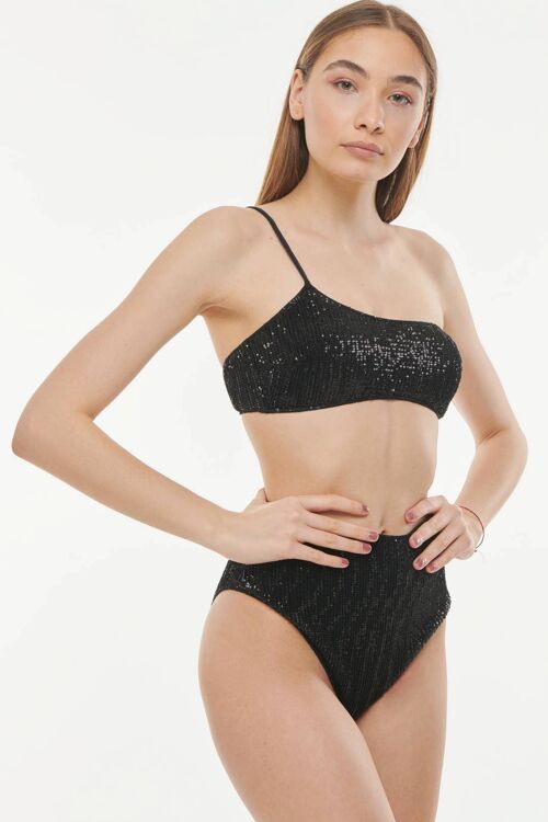 Giulia Bandeau Bikini One Shoulder Sequin Black  naked