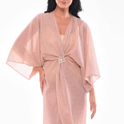 Puderfarbener Kaftan mit Strass-Logo-Brosche