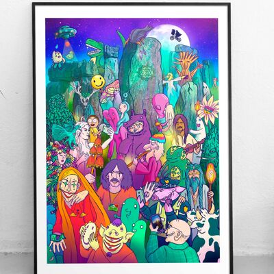 Stonehenge Summer Solstice limited edition giclee art print, lowbrow art pop surrealism illustration, cartoon portrait of an acid trip A4