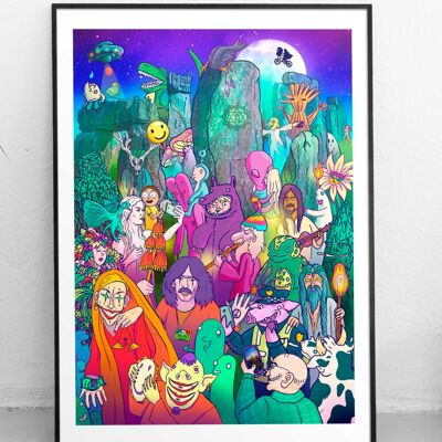 Stonehenge Summer Solstice Giclée-Kunstdruck in limitierter Auflage, Lowbrow-Art-Pop-Surrealismus-Illustration, Cartoon-Porträt einer Säurereise A4
