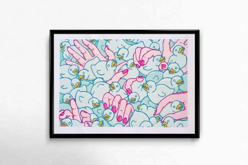 Duckies, limited edition gicleé print, wall art digital illustration , pop surrealism  psychedelic surreal pattern, weird art duckies