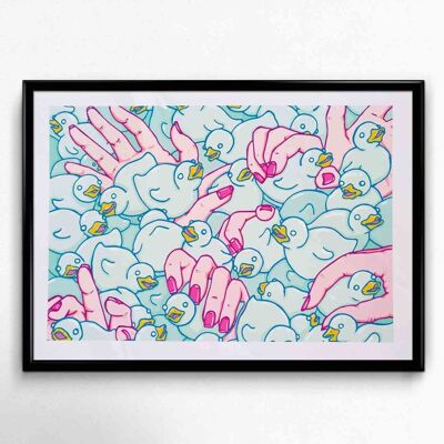 Duckies, limited edition gicleé print, wall art digital illustration , pop surrealism  psychedelic surreal pattern, weird art duckies