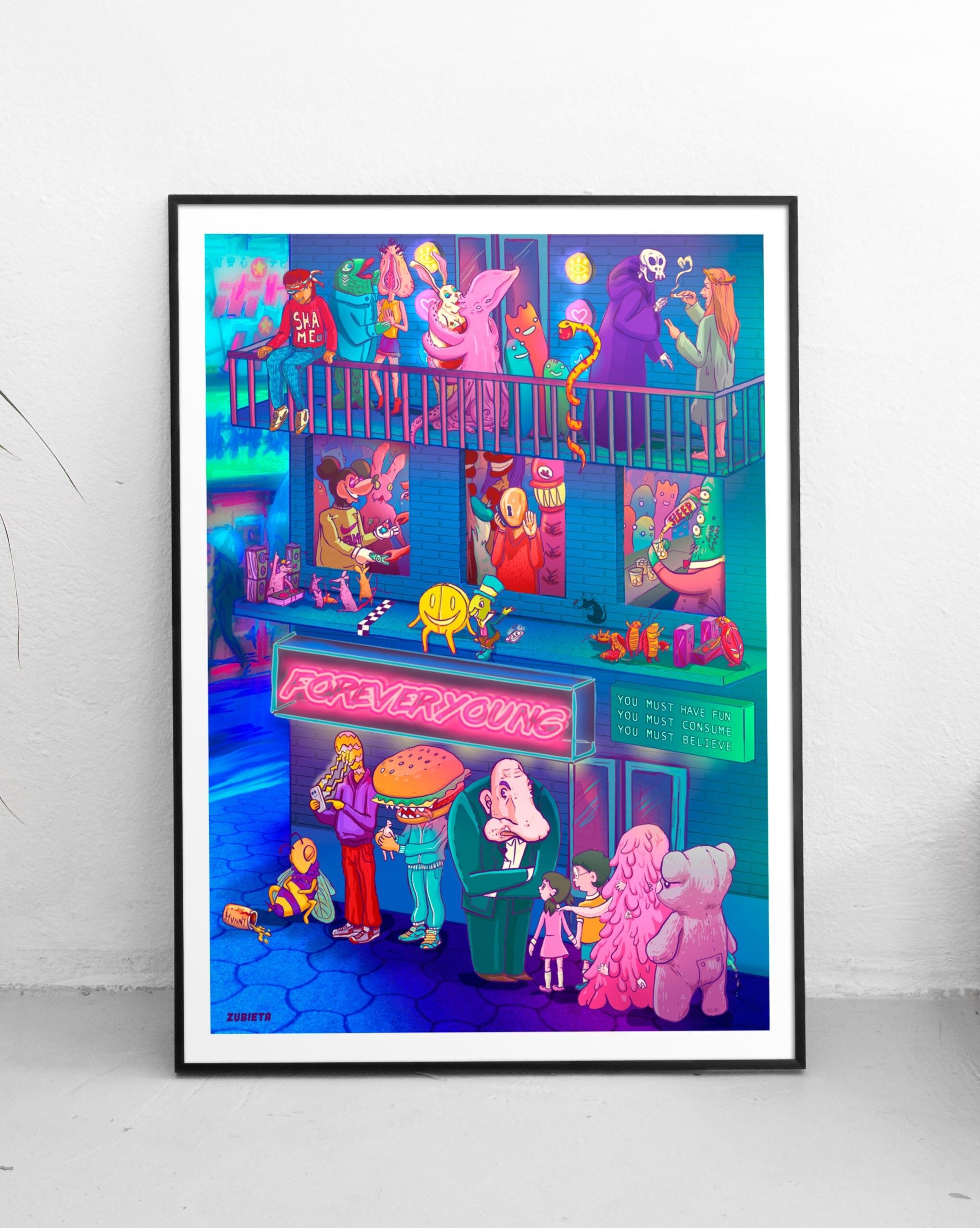 The Club, Giclée-Kunstdruck in limitierter Auflage, Lowbrow-Art-Pop-Surrealismus-Illustration, Cartoon-Porträt einer Partynacht