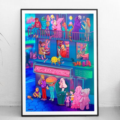 The Club, limited edition giclee art print, lowbrow art pop surrealism illustration, cartoon portrait of a party night out