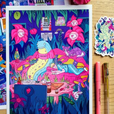 Inner Jungles: Alice in Lockdown IV, Giclée-Kunstdruck in limitierter Auflage, einfache Kunst, popsurreale Illustration, inspiriert von Alice im Wunderland