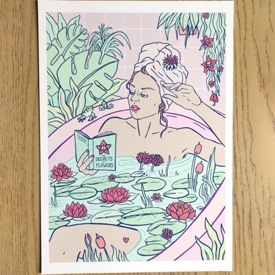 baño de flores y estanque de nenúfares | Bath Time Self Care Series I, edición limitada. impresión giclée | Ilustración de arte de pared vertical de mujer de baño