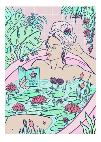 Bain de fleurs et bassin aux nénuphars | Bath Time Self Care Series I, édition limitée. impression jet d'encre | Illustration d'art mural vertical de femme de salle de bains 3