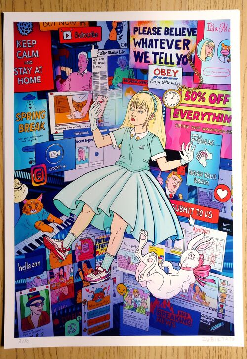 Alice in Lockdown A2: Down the Rabbit Hole, limited edition giclee art print, lowbrow art, pop surrealism illustration. Alice in Wonderland