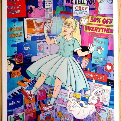 Alice in Lockdown A2: Down the Rabbit Hole, limited edition giclee art print, lowbrow art, pop surrealism illustration. Alice in Wonderland