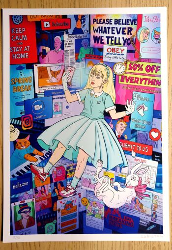 Alice in Lockdown A2 : Down the Rabbit Hole, impression d'art giclée en édition limitée, art lowbrow, illustration de surréalisme pop. Alice au pays des merveilles 1