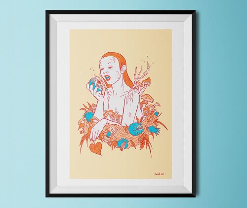 Persephone Eating Pomegranates . Giclée pop surreal art print about the  greek goddess of Autumn Persefone with psychedelic fruits.