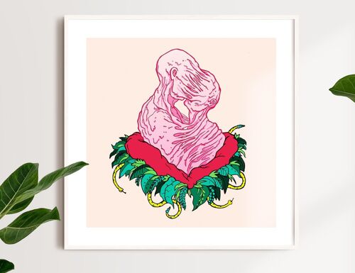 The Lovers, surreal limited edition giclee art print by Marta Zubieta. Psychedelic lowbrow street art about love, couples, togetherness.