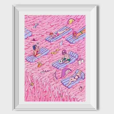 Millenial Summer Art Print. freelance female life illustration. Wall Art pop surrealist, lowbrow, cartoon.