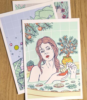 Triptyque Bath Time Self Care Series , impressions giclées limitées | Illustration d'art de mur vertical de femme de salle de bains | Aromathérapie fleurs & agrumes 2