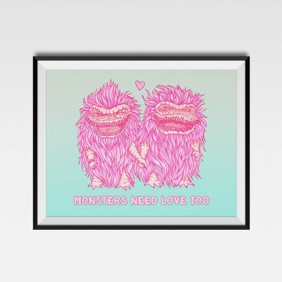 Monsters Need Love Too, tribute to 80s movies The Critters , for horror fans and weird monster lovers , wall art for quirky cool galentines